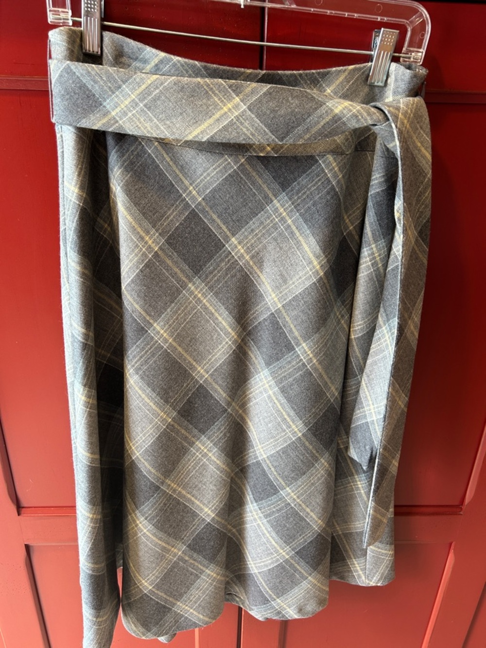Pendleton Gray Plaid A-Line Wrap Skirt w/ Cream, Yellow, Light Blue Stripes